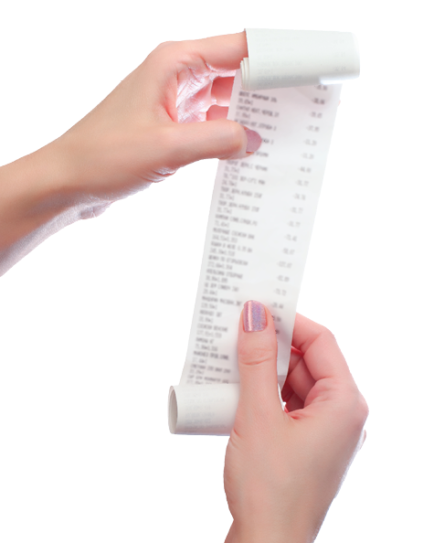 woman holds in her hands roll of paper with printed receipt