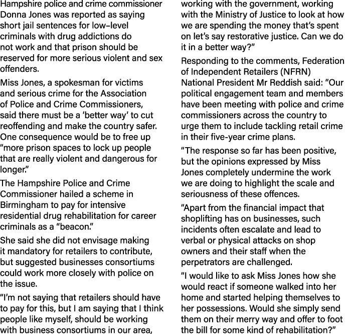 Hampshire police and crime commissioner Donna Jones was reported as saying short jail sentences for low level crimina   
