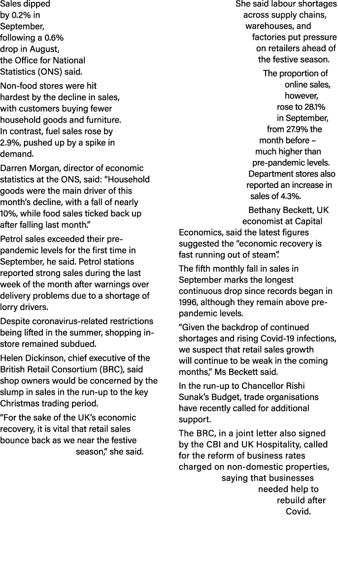 Sales dipped by 0 2% in September, following a 0 6% drop in August, the Office for National Statistics (ONS) said  No   