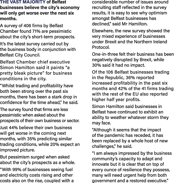 The vast majority of Belfast businesses believe the city’s economy will only get worse over the next six months. A su...