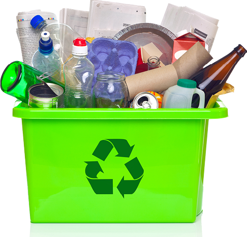 Photo of a green recycling bin full of recyclable items isolated on a white background.