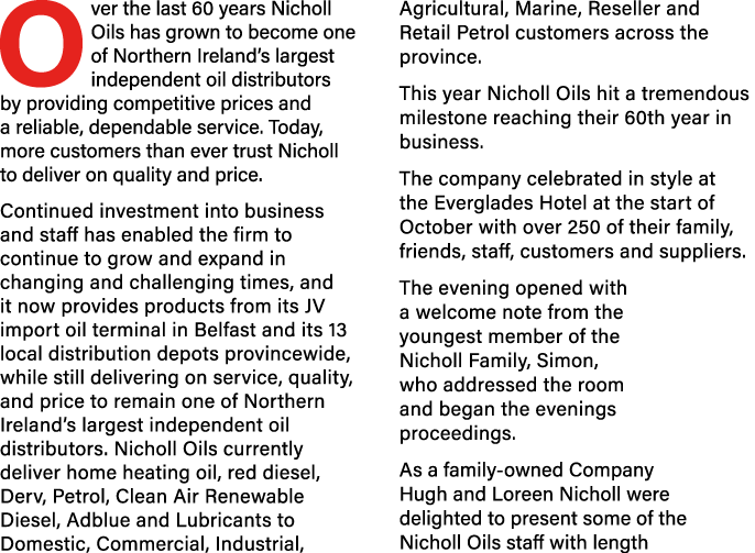 Over the last 60 years Nicholl Oils has grown to become one of Northern Ireland’s largest independent oil distributor...