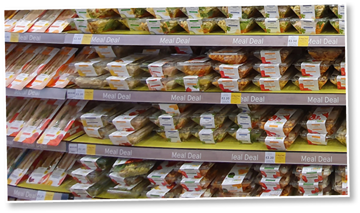 London, United Kingdom - June 08 19: Isle of Tesco supermarket shelves with Meal Deal promotion