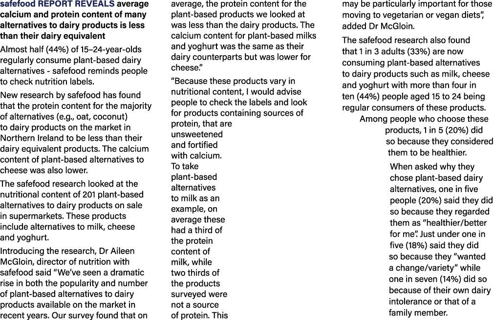 safefood report reveals average calcium and protein content of many alternatives to dairy products is less than their...