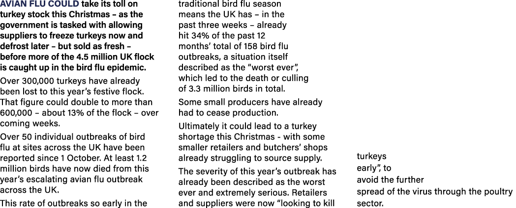 Avian flu could take its toll on turkey stock this Christmas – as the government is tasked with allowing suppliers to...