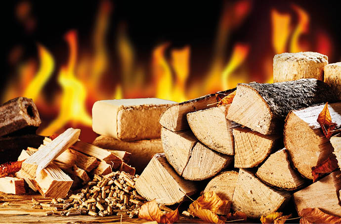 Stacked dried logs in front of a burning fire on a cold autumn night with wood pellets and bricks