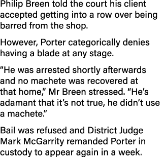 Philip Breen told the court his client accepted getting into a row over being barred from the shop  However, Porter c   