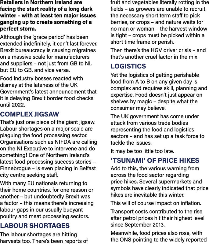 Retailers in Northern Ireland are facing the start reality of a long dark winter   with at least ten major issues gan   