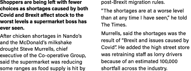 Shoppers are being left with fewer choices as shortages caused by both Covid and Brexit affect stock to the worst lev   