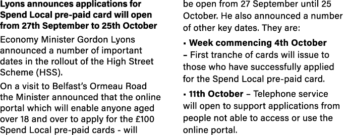 Lyons announces applications for Spend Local pre-paid card will open from 27th September to 25th October Economy Mini   