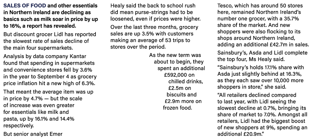 Sales of food and other essentials in Northern Ireland are declining as basics such as milk soar in price by up to 16   