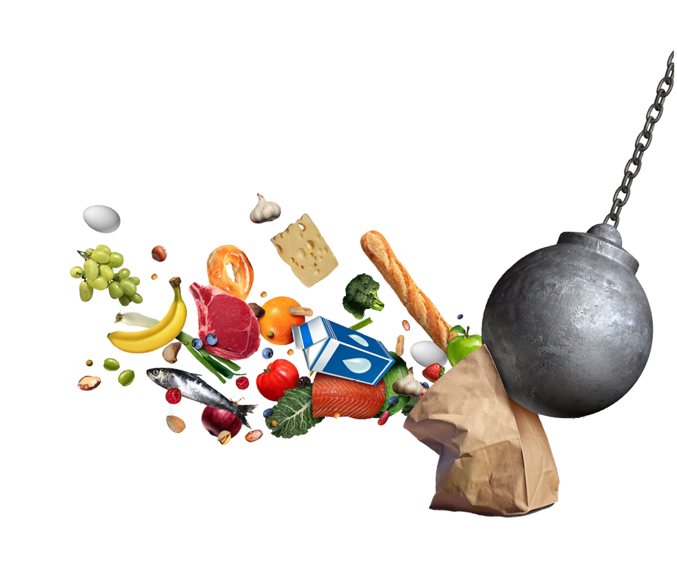 Food price inflation and rising grocery costs or prices surging for supermarket groceries as a financial crisis concept hit by a wrecking ball with 3D render elements 