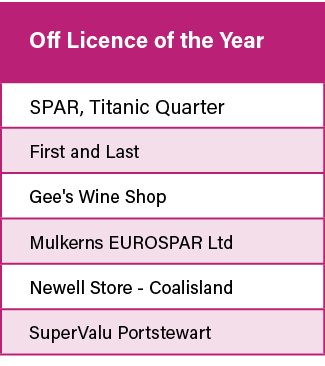 Off Licence of the Year,SPAR, Titanic Quarter,First and Last,Gee's Wine Shop,Mulkerns EUROSPAR Ltd,Newell Store - Coa   