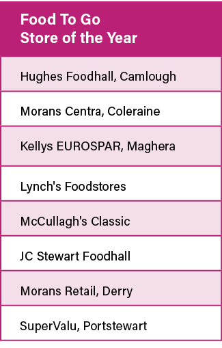 Food To Go Store of the Year,Hughes Foodhall, Camlough,Morans Centra, Coleraine,Kellys EUROSPAR, Maghera,Lynch's Food   