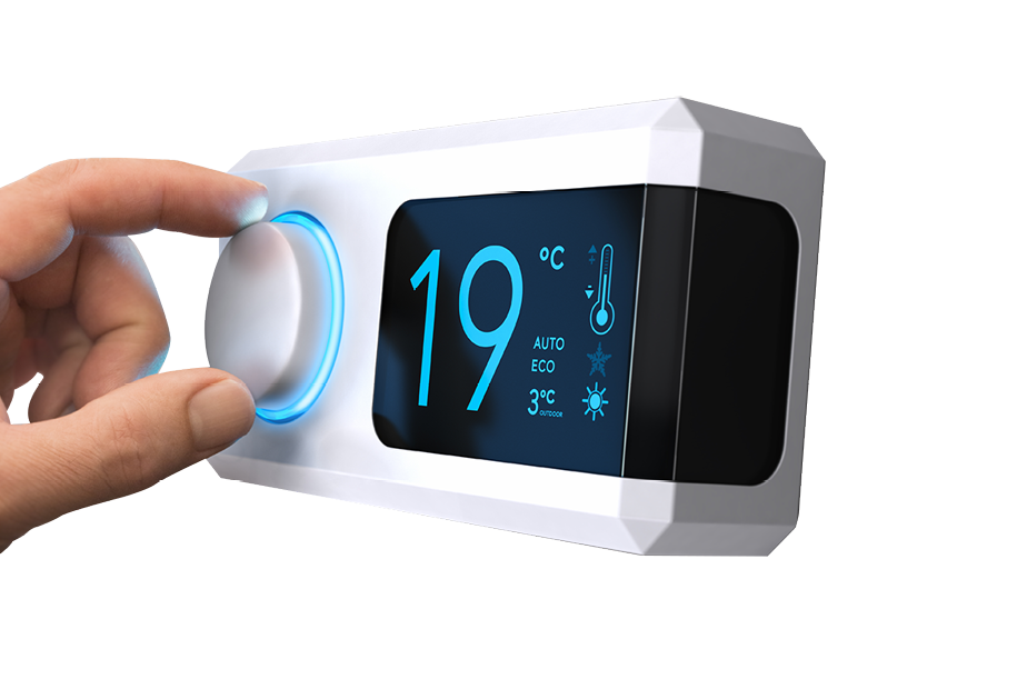 Hand turning a home thermostat knob to set temperature on energy saving mode  Celsius units  Composite image between a photography and a 3D background 