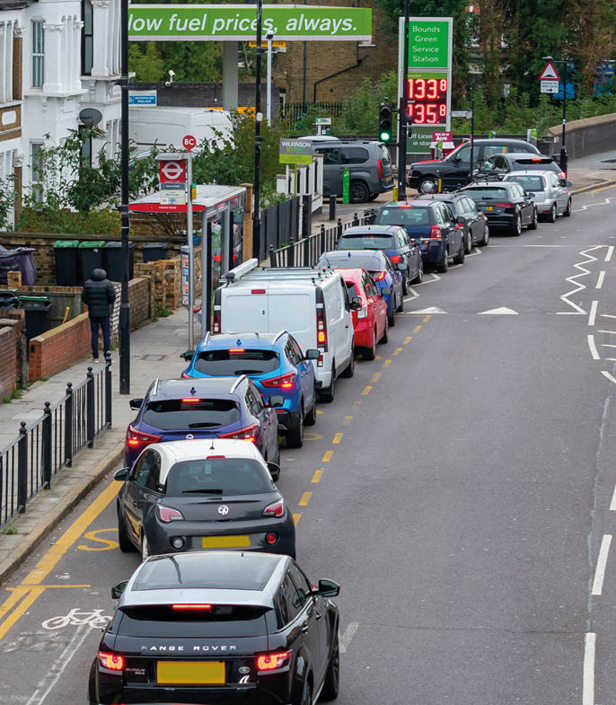 London  UK  10 02 2021  Motorists struggling to get into a forecourt to refill the vehicles with no sign of fuel shortage crisis easing in the capital 