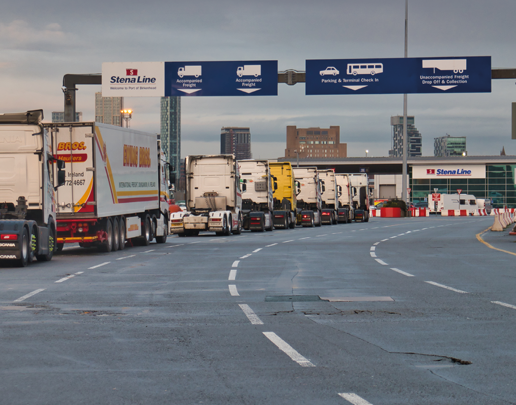 Wirral, UK - Feb 6 2021: Lorry tractor units queuing at the Stena Line roll on - roll off Liverpool to Belfast ferry Terminal in Birkenhead on the River Mersey 