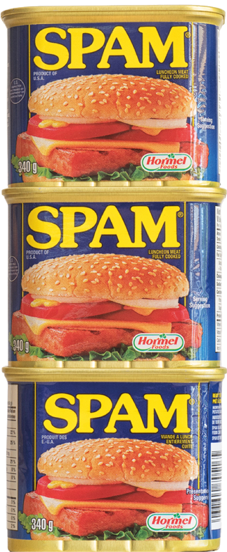 MONTREAL, QUEBEC,  CANADA - June 25th, 2018: three stacked tin cans of Spam luncheon ham meat  A very popular meal around the world 
