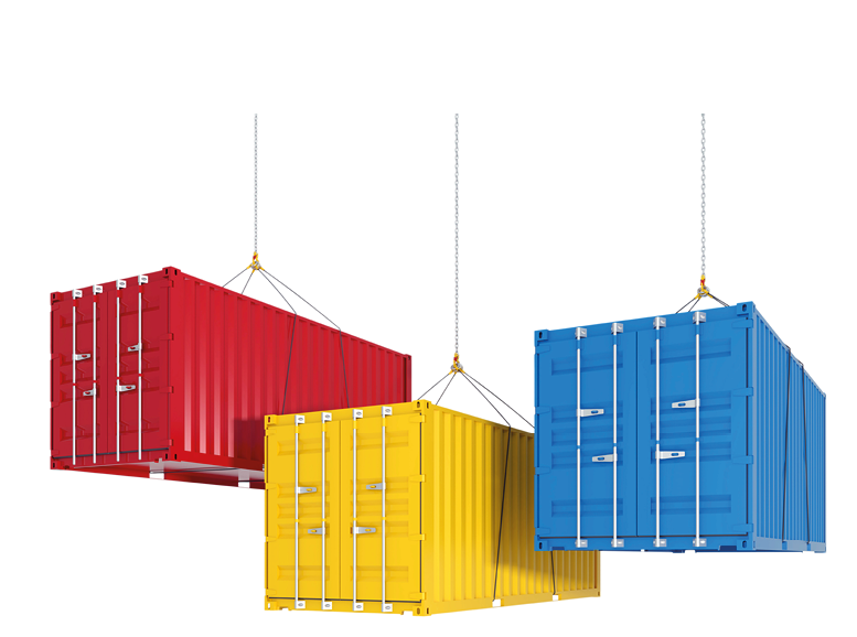 Three metal freight shipping containers on the hooks at white background - photorealistic 3d perspective render witch cutting path