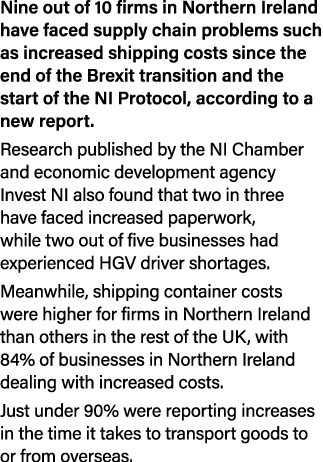 Nine out of 10 firms in Northern Ireland have faced supply chain problems such as increased shipping costs since the    