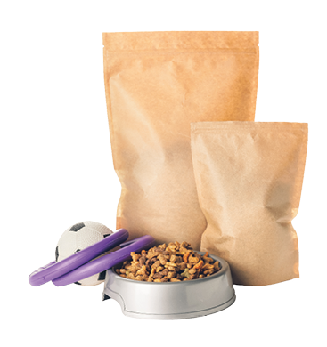 Tasty pet food and toys on white background