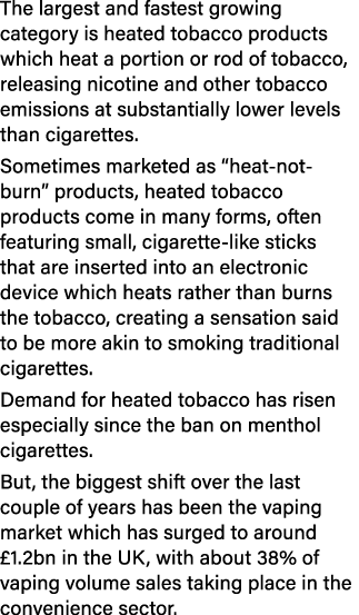 The largest and fastest growing category is heated tobacco products which heat a portion or rod of tobacco, releasing   