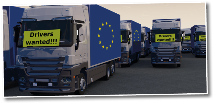 Trucks with a drivers wanted sign - Truck drivers shortage in the EU - european trade doesnâ  t work - A lorry with a EU flag cannot proceed - 3D illustration