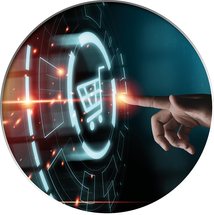 Hand touching to virtual info graphics with trolley cart icons , Technology online shopping business concept 