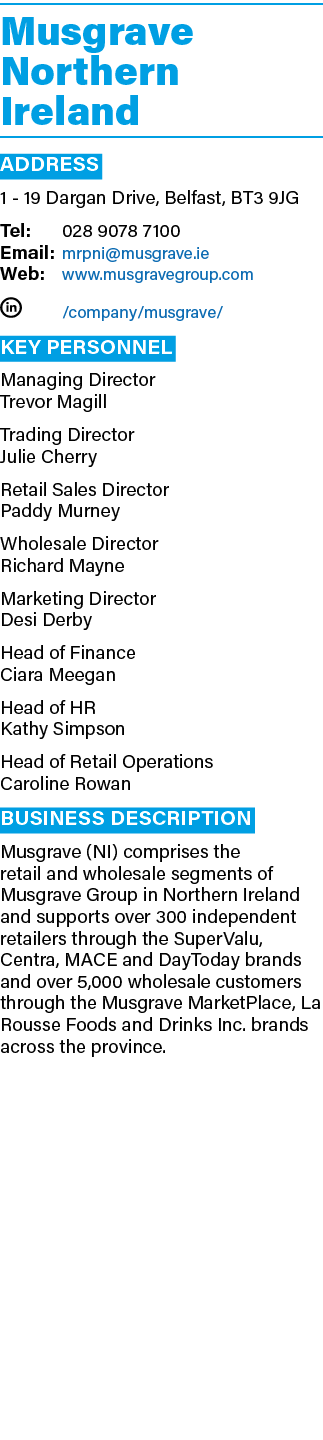 Musgrave Northern Ireland ADDRESS 1 - 19 Dargan Drive, Belfast, BT3 9JG Tel: 028 9078 7100 Email: mrpni musgrave ie W   