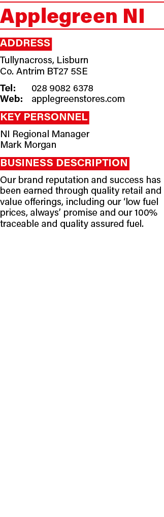 Applegreen NI Address Tullynacross, Lisburn Co  Antrim BT27 5SE Tel:  028 9082 6378 Web:  applegreenstores com Key Pe   