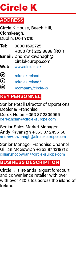 Circle K Address Circle K House, Beech Hill, Clonskeagh, Dublin, D04 Y016 Tel:  0800 1692725 +353 (01) 202 8888 (ROI)   