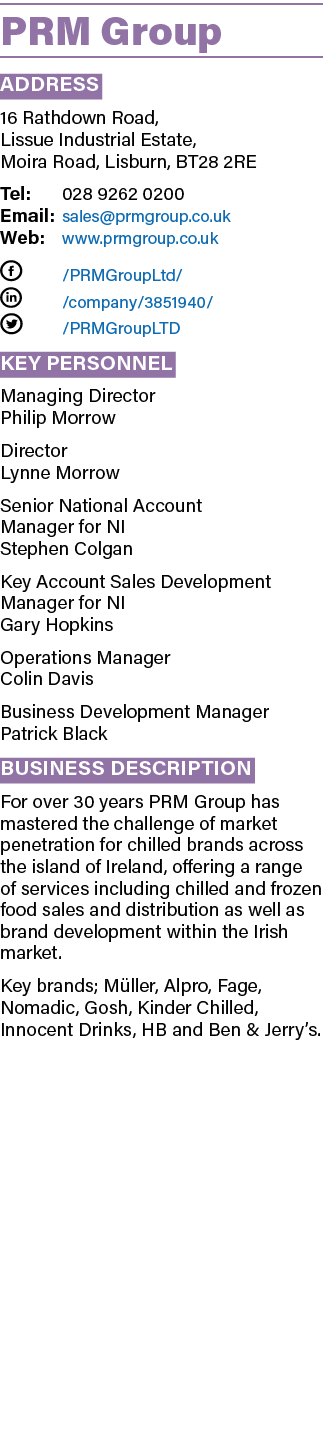 PRM Group Address 16 Rathdown Road, Lissue Industrial Estate, Moira Road, Lisburn, BT28 2RE Tel: 028 9262 0200 Email:   