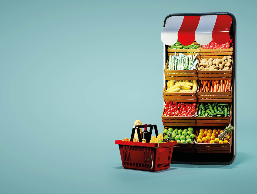 Service for delivery app  Food market in smartphone  Online shop  Food delivery background concept  Online shop in your smartphone  Shopping cart 