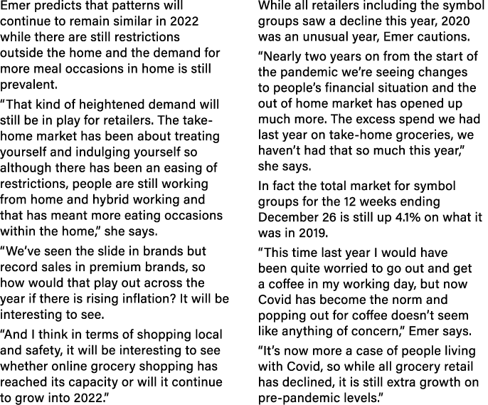 Emer predicts that patterns will continue to remain similar in 2022 while there are still restrictions outside the ho   
