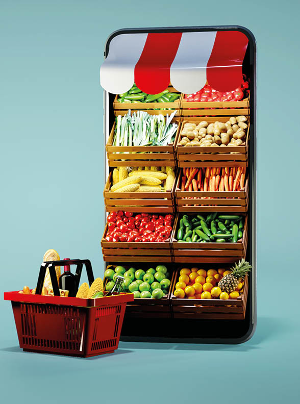 Service for delivery app  Food market in smartphone  Online shop  Food delivery background concept  Online shop in your smartphone  Shopping cart 