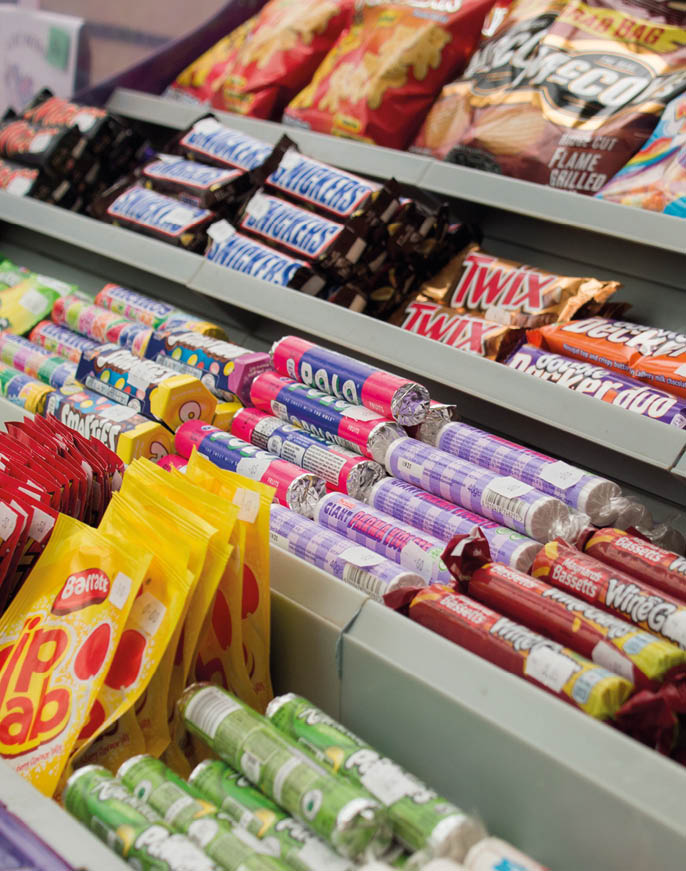 London, UK - April 2019 : Range of branded sweets on display in a shop