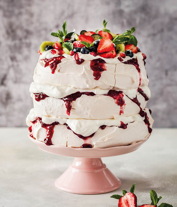 Three Layer Pavlova Cake with Whipped Cream, Raspberry Jam and Assorted Fruit and Berries, square
