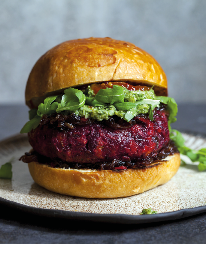 Beetroot and red beans burger in the brioche bun