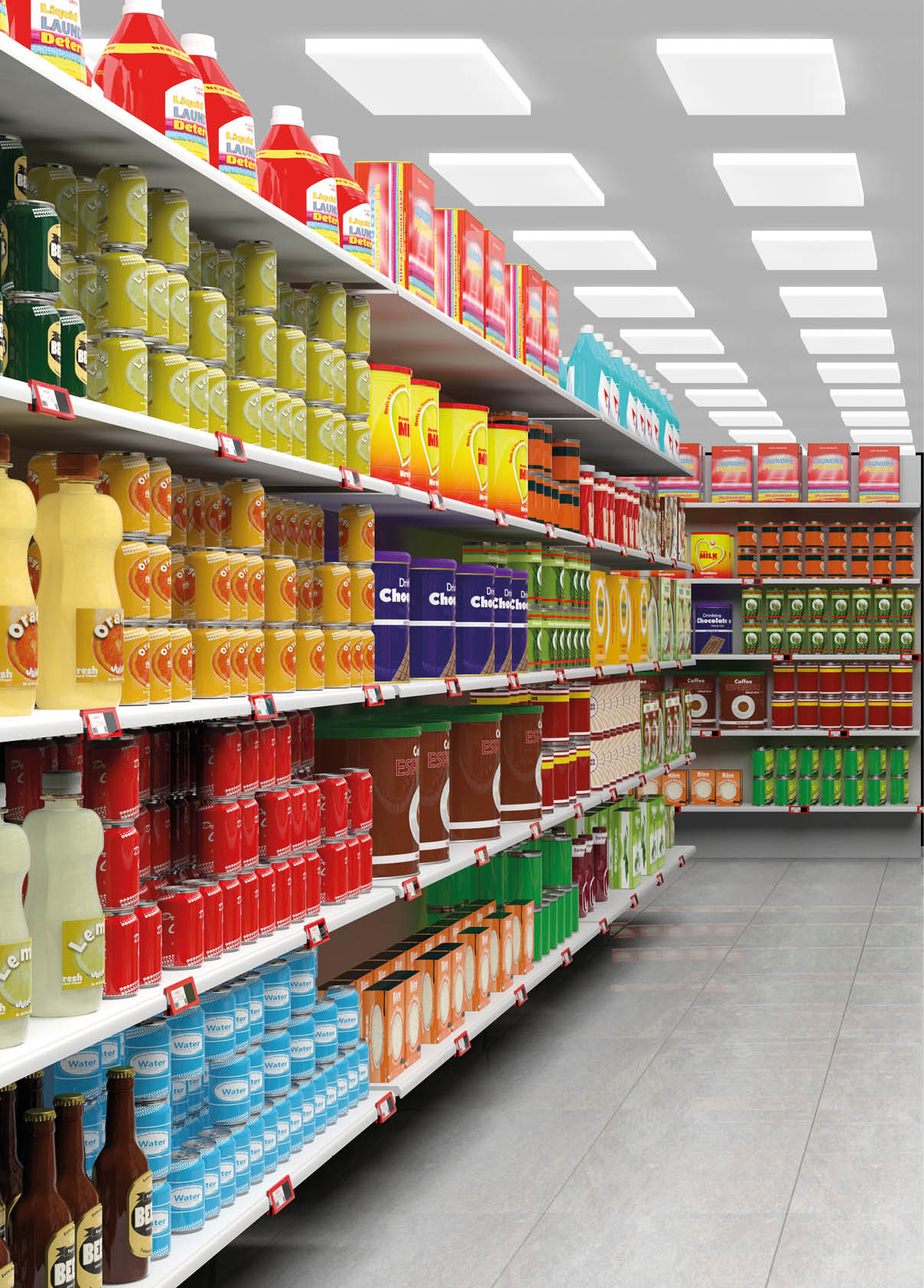 Supermarket interior with shelves full of various products 