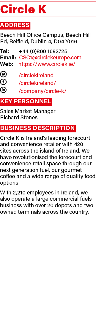 Circle K Address Beech Hill Office Campus, Beech Hill Rd, Belfield, Dublin 4, D04 Y016 Tel:  +44 (0)800 1692725 Email   