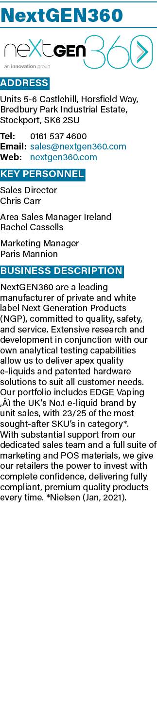 NextGEN360  Address Units 5-6 Castlehill, Horsfield Way, Bredbury Park Industrial Estate, Stockport, SK6 2SU Tel: 016   