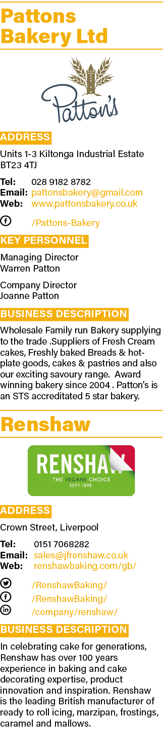 Pattons Bakery Ltd  Address Units 1-3 Kiltonga Industrial Estate BT23 4TJ Tel: 028 9182 8782 Email: pattonsbakery gma   