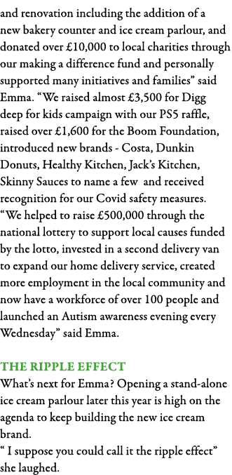 and renovation including the addition of a new bakery counter and ice cream parlour, and donated over  10,000 to loca   