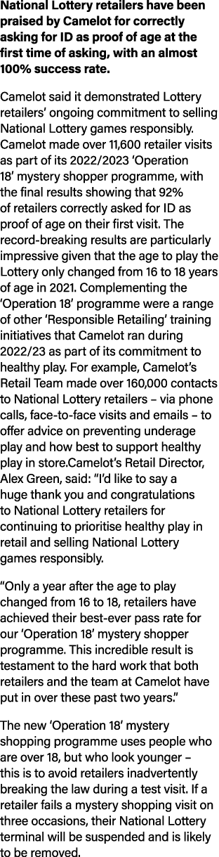 National Lottery retailers have been praised by Camelot for correctly asking for ID as proof of age at the first time...