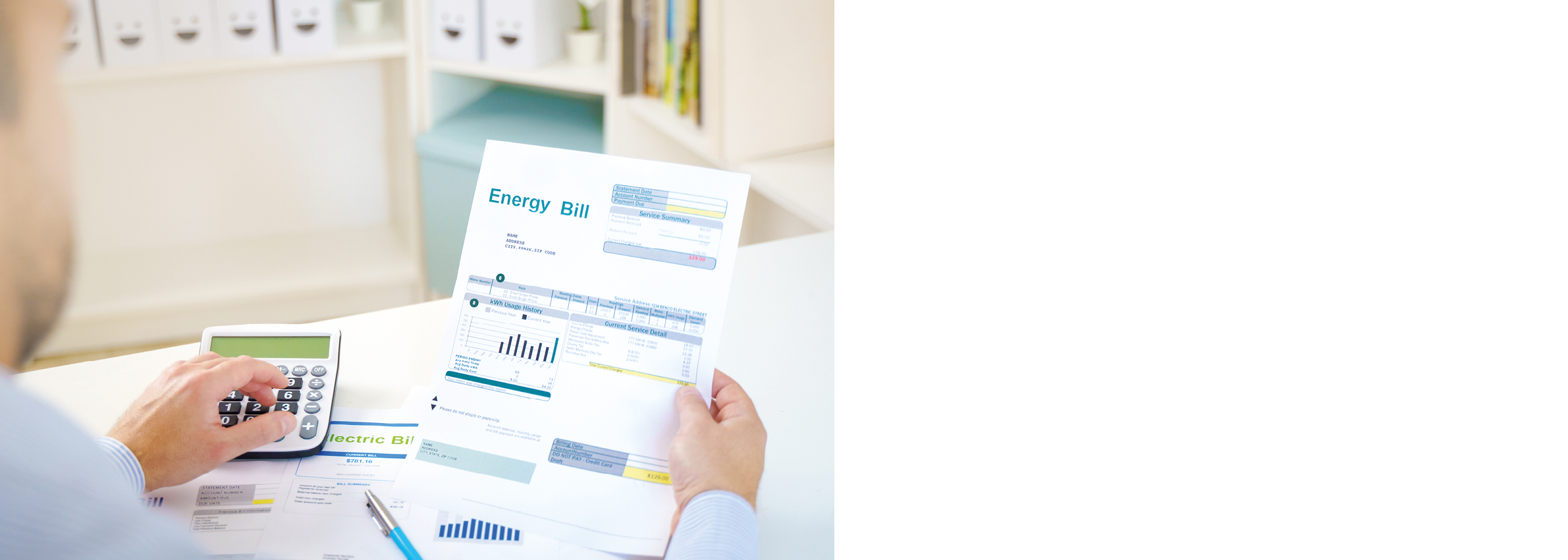 Man calculating electric bill statement and home energy consumption