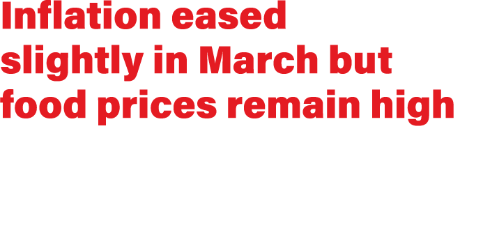 Inflation eased slightly in March but food prices remain high