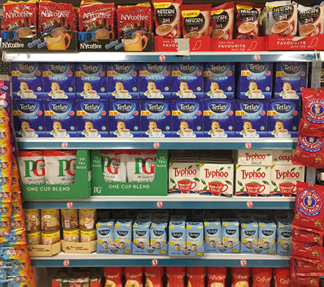 London, UK - May 2019: Supermarket aisle of Tea and Coffee
