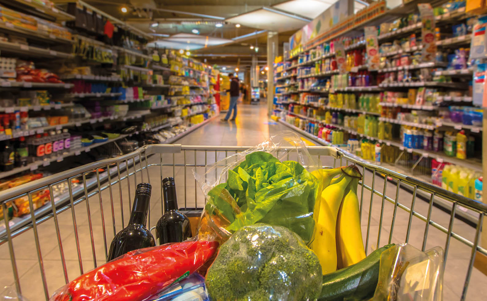 Supermarket trolley at an aisle filled up with healthy vegetables seen from the consumers point of view from above