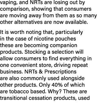 vaping, and NRTs are losing out by comparison, showing that consumers are moving away from them as so many other alte...