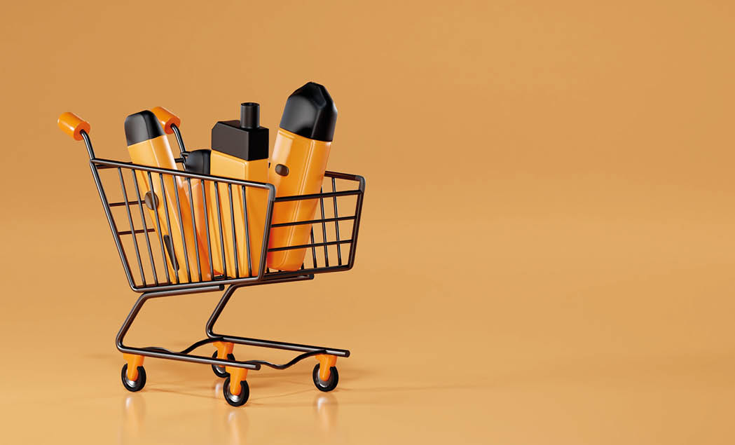 Vape Electronic Cigarette 3d shopping sale promotion banner. on orange background 3d illustration